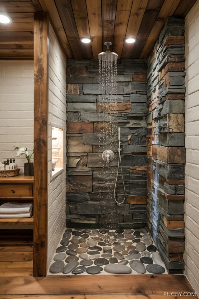 Luxury Bathroom Shower Design with Stone Tile Accent Wall Ideas