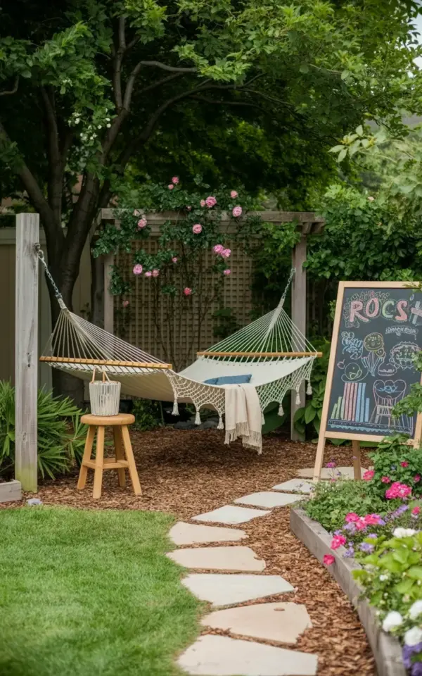 Budget Backyard Garden Hammock Setup with DIY Chalkboard Decor