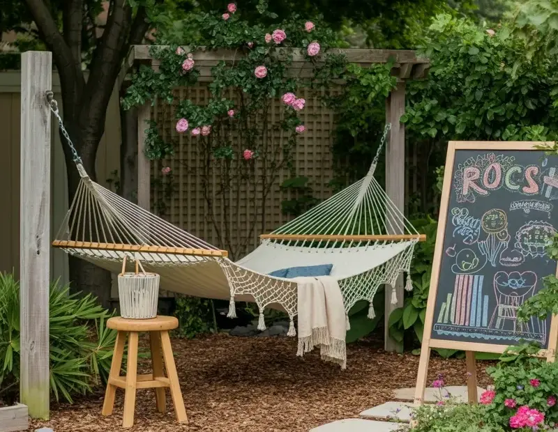 Budget Backyard Garden Hammock Setup with DIY Chalkboard Decor