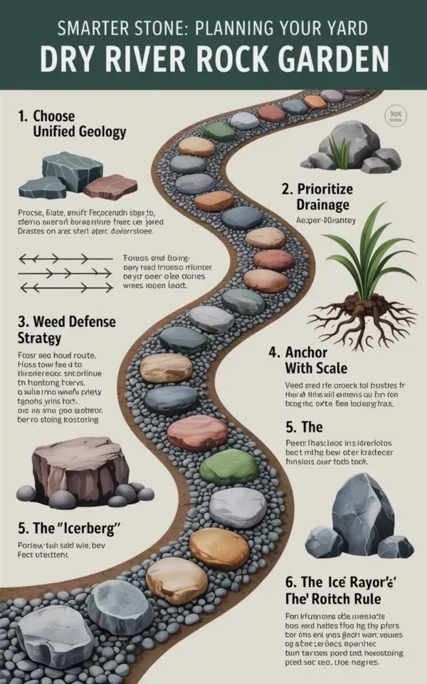 Dry River Rock Garden Plan: 7-Step Infographic for a Low-Water Front Yard Makeover