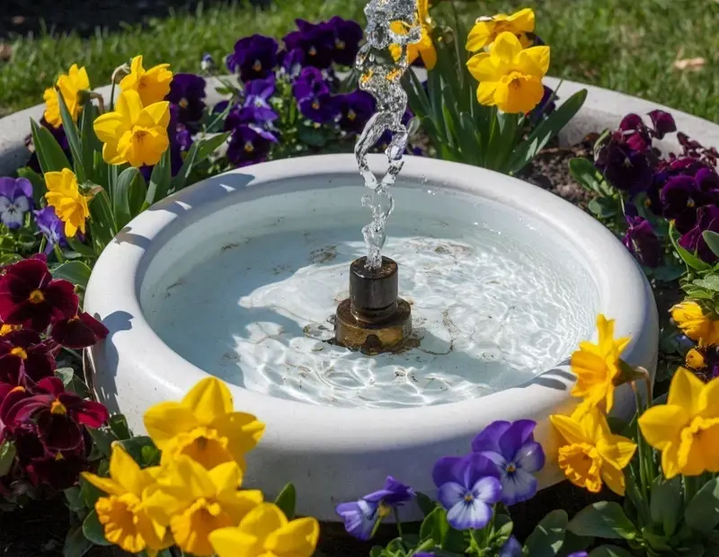 Affordable Bird Bath Fountain Garden on a Budget | Daffodils & Pansies