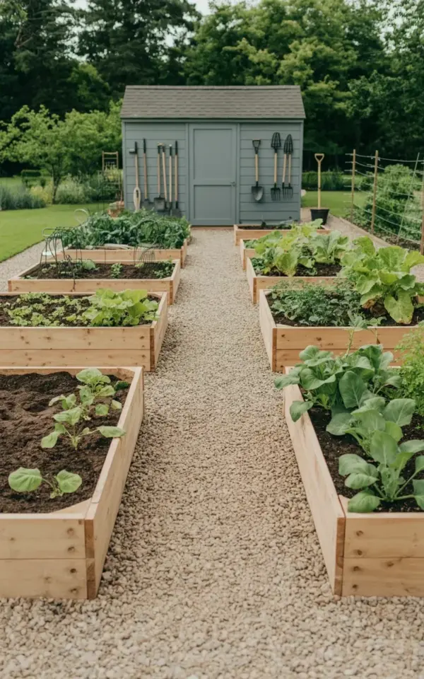 Spring Raised Bed Vegetable Garden Layout | Gravel Path & Shed Organization