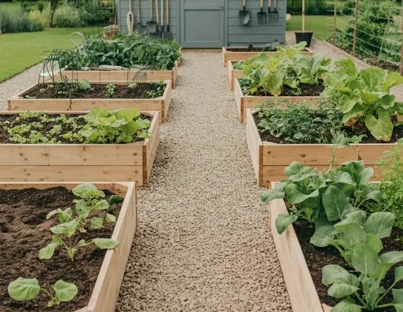 Spring Raised Bed Vegetable Garden Layout | Gravel Path & Shed Organization