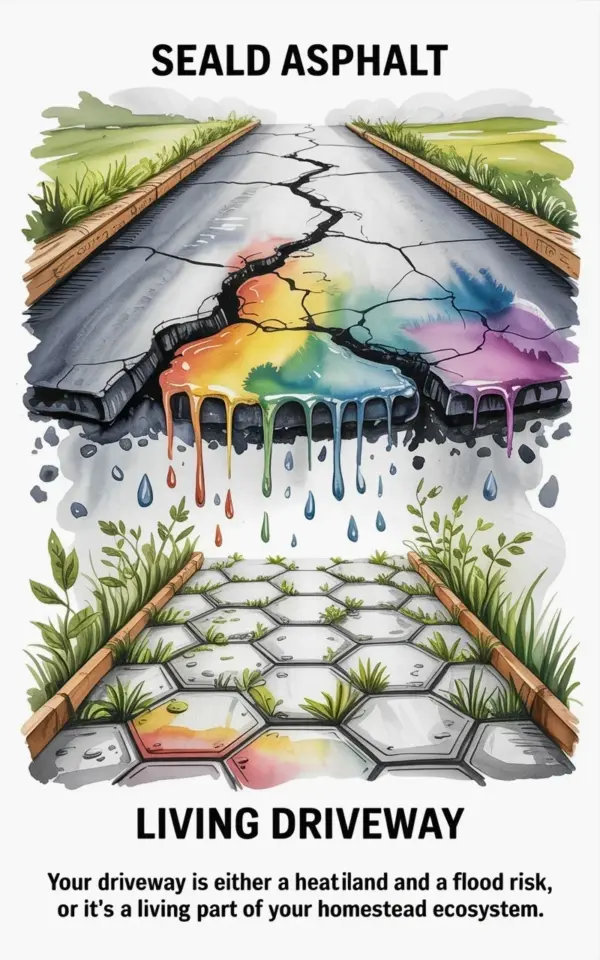 Living driveway ideas: hexagonal pavers with plants vs sealed asphalt that cracks and stains π±