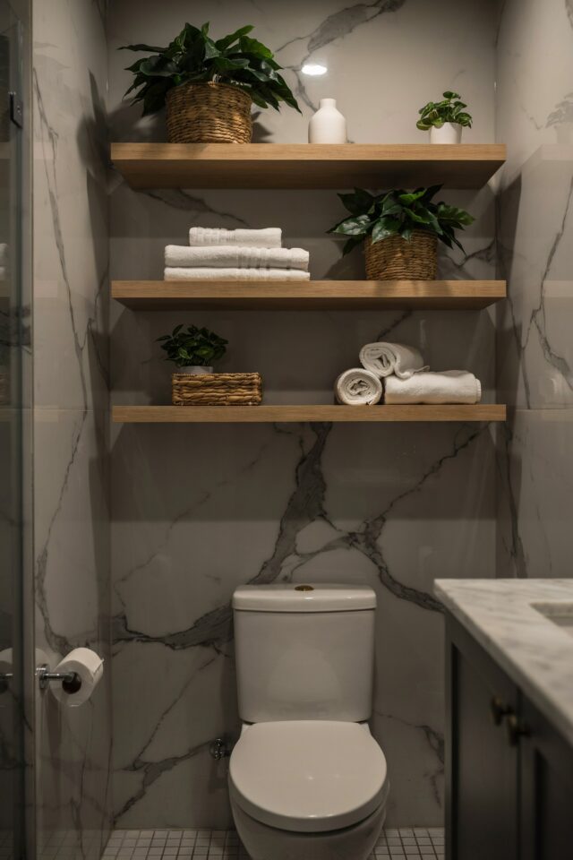 Small Half Bath Vertical Storage Ideas | Wall-Mounted Cabinets & Floating Shelves