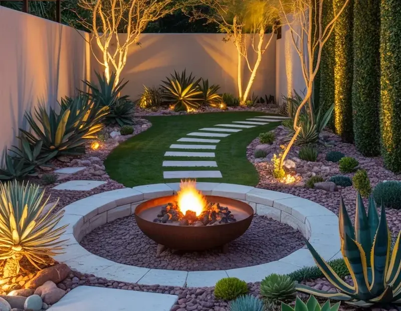 Fall Fire Pit Garden Design: Agave, Succulents & Nighttime Glow