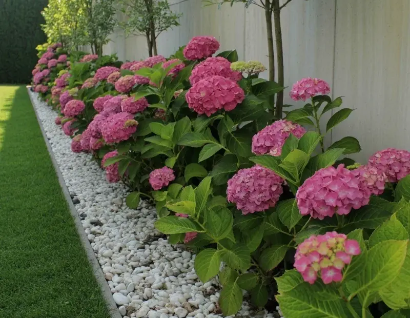Garden Path Lined with Pink Hydrangeas and White Gravel | Cozy Walkway Idea