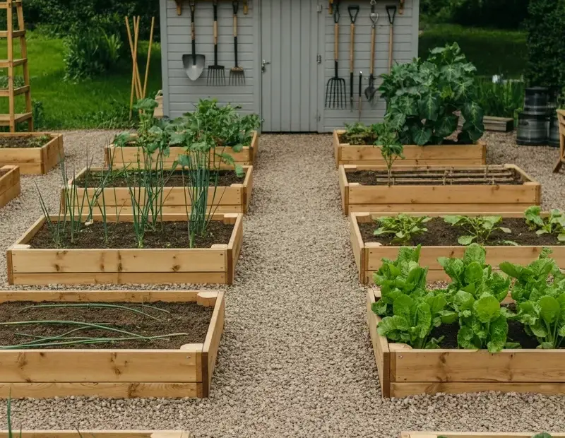 Raised Vegetable Garden on a Budget | Gravel Paths and Shed Storage Ideas