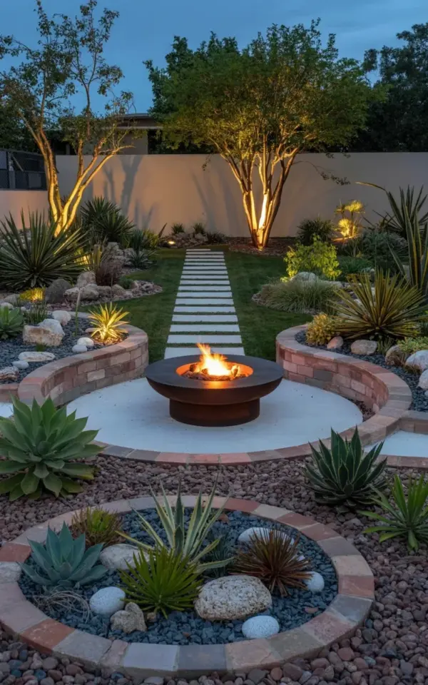 Budget Fire Pit Garden Design with Agave & Stone Paths