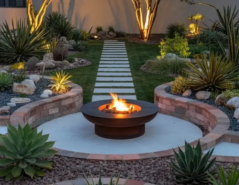 Budget Fire Pit Garden Design with Agave & Stone Paths