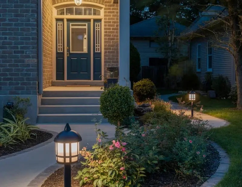 Nighttime Front Porch Landscaping for a Brick House with Lantern Lights