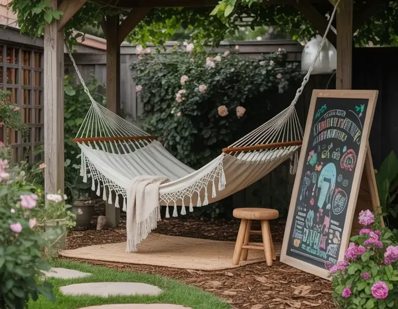 Backyard Hammock Nook: White Rope Hammock with Fringe in a Cozy Garden