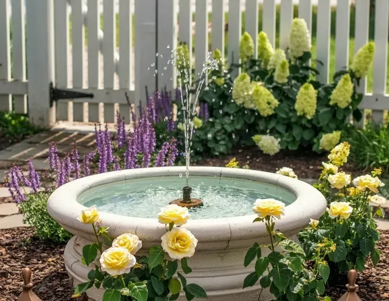 Summer Garden Fountain Ideas with White Picket Fence and Roses